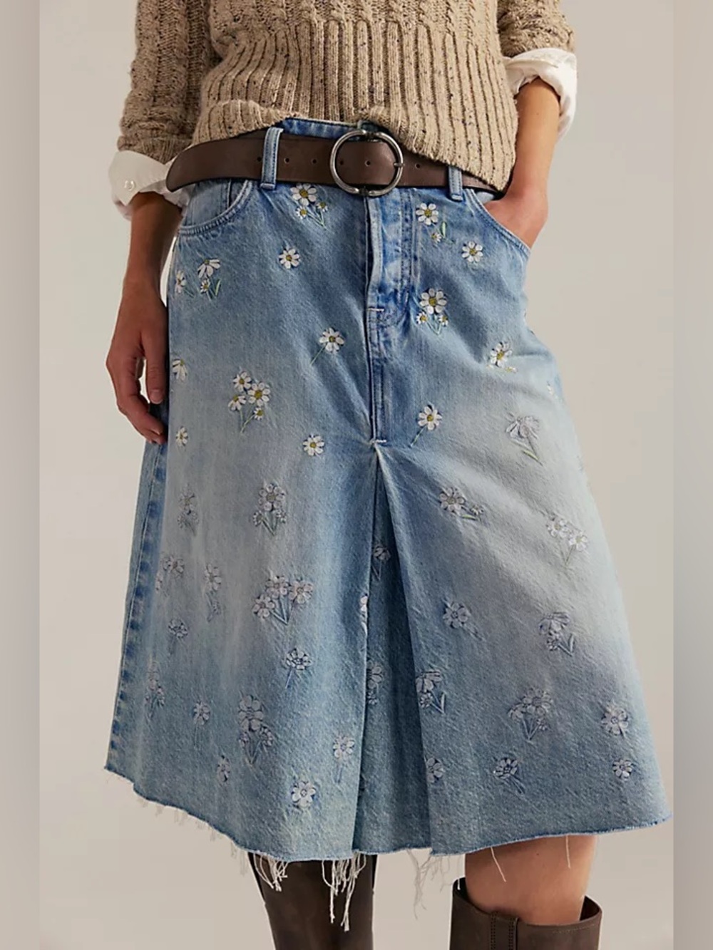 Free People Daisy Mae Embroidered Skirt Denim Jean Floral Blue Size 26